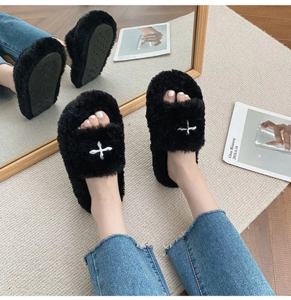 Y2K Cybergoth Faux Fur Slip On Furry Slides Slippers