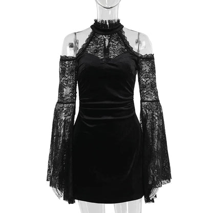Gothic Alt Goth Cold Shoulder Bell Lace Sleeves Halter Mini Dress