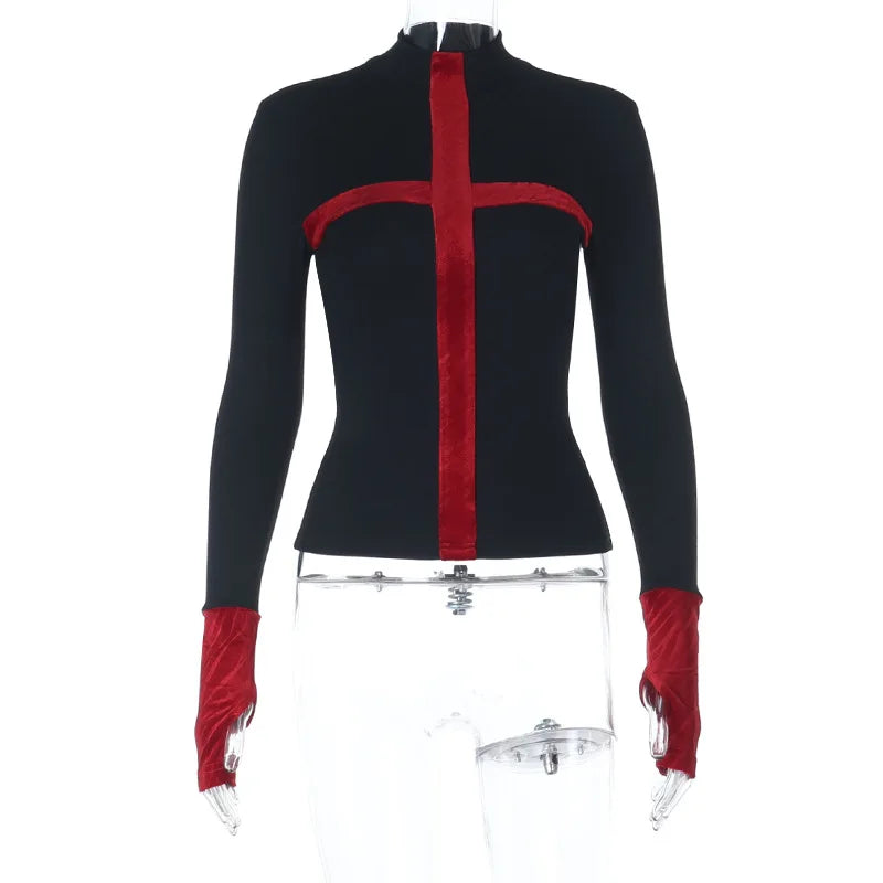 Gothic Y2K Alt Goth Cross Red Patchwork Long Sleeve Top