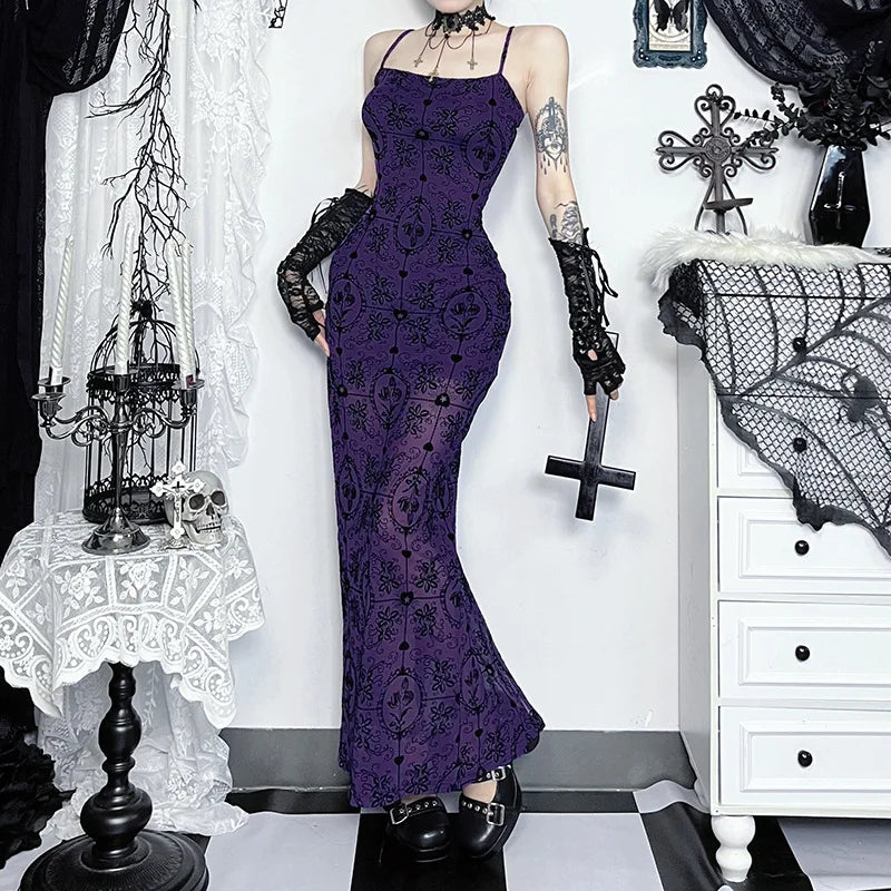 Gothic Alt Y2K Purple Sling Strap Sheer Maxi Dress