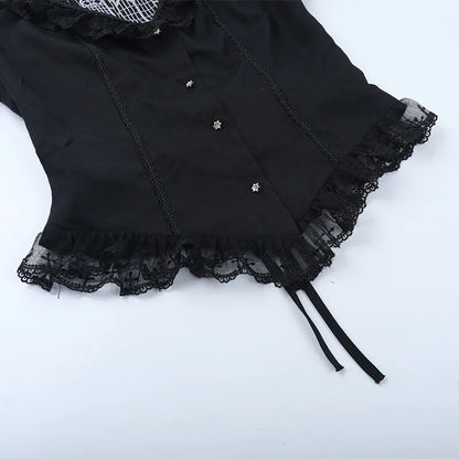 Gothic Moon Cathedral Embroidery Lace Trim Puff Sleeve Top