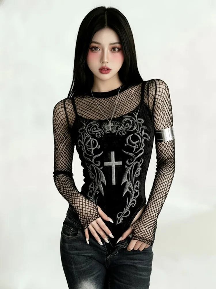 Gothic Y2K Alt Goth Cross Embroidered Fishnet Bodysuit Top