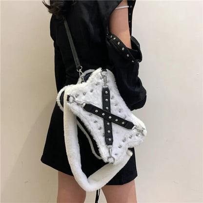 Gothic Alt Goth Y2K Bone Plush Studded Crossbody Shoulder Bag (available in 2 colors)
