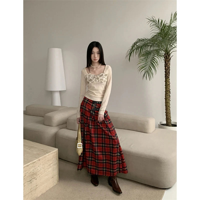 Gothic Grunge 90s Buckled Pleated Red Plaid A-Line Skirt