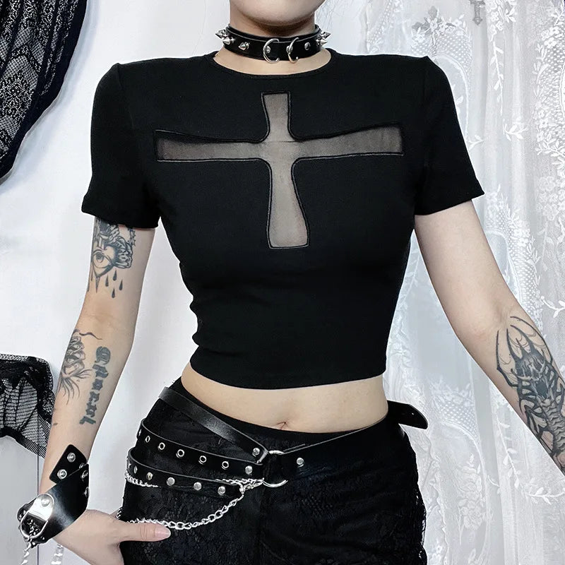 Gothic Alt Goth Cross Sheer Hollow Out Short Sleeve Shirt Top