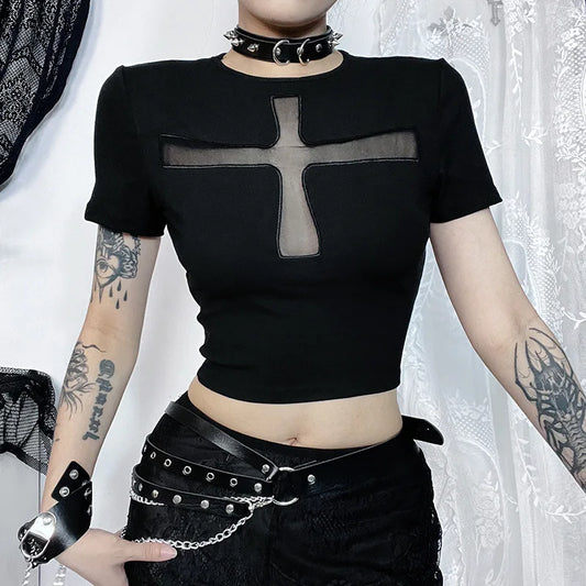 Gothic Alt Goth Cross Sheer Hollow Out Short Sleeve Shirt Top