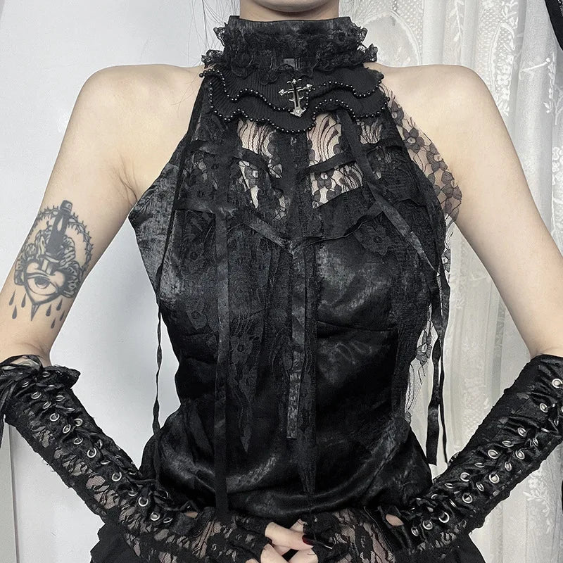 Gothic Romantic  Lace Patchwork Sleeveless Top