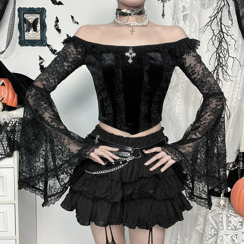 Gothic Romantic Goth Off Shoulder Bell Sleeve Lace Patchwork Top