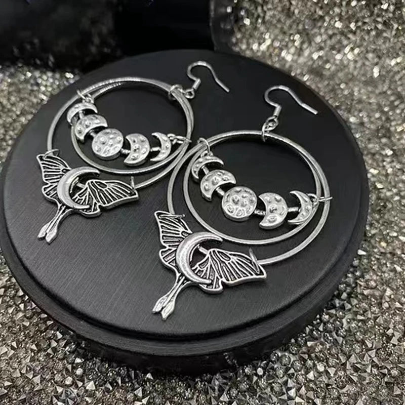 Gothic Alt Witchy Goth Moon Phase Luna Moth Drop Earrings