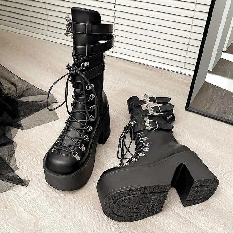 Gothic Alt Goth Bat Wings Double Buckle Lace Up Platform Boots