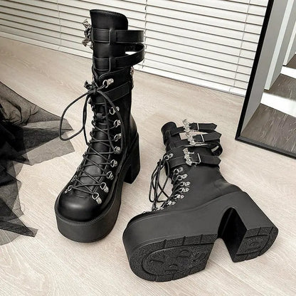 Gothic Alt Goth Bat Wings Double Buckle Lace Up Platform Boots
