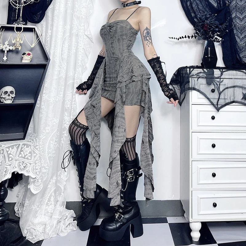 Gothic Y2K Gray Distressed Irregular Hem Patchwork Mini Dress