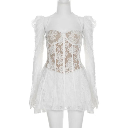 Gothic Romantic Goth Puff Sleeve Corset Waist White Lace Mini Dress