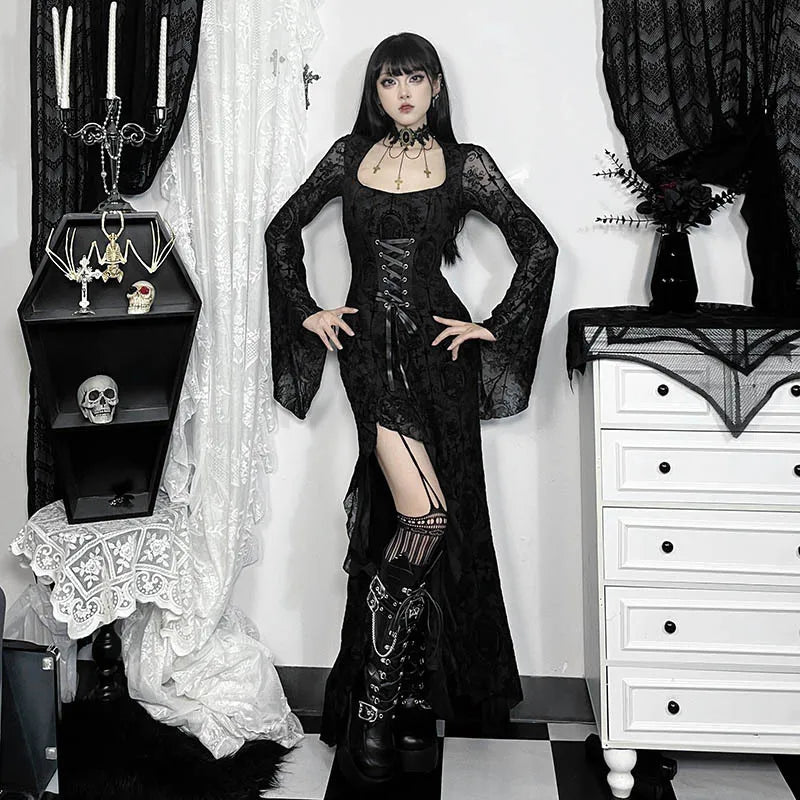 Gothic Romatic Goth Morticia Lace Up Corset Waist Sheer Flare Sleeves ROCK 'N DOLL Gothic Romatic Goth Morticia Lace Up Corset Waist Sheer Flare Sleeves ROCK 'N DOLL