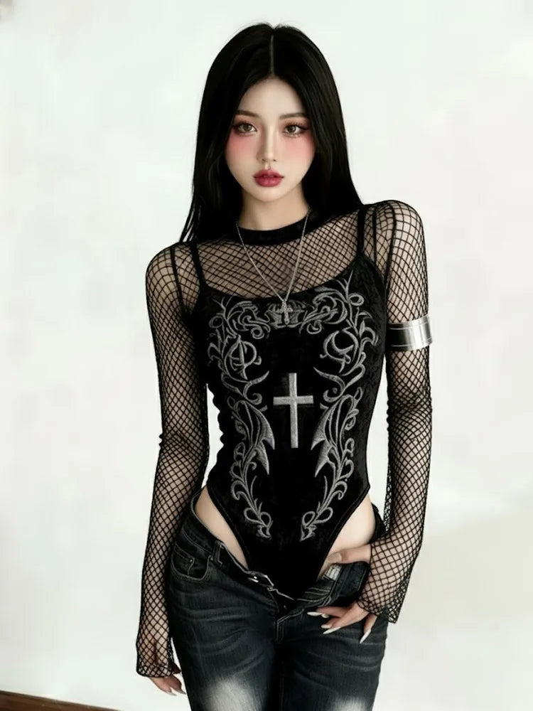 Gothic Y2K Alt Goth Cross Embroidered Fishnet Bodysuit Top