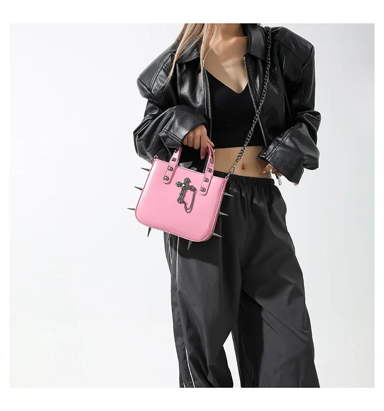 Gothic Alt Goth Cross Skull Spikes Chain Strap Crossbody Bag (available in 3 colors)