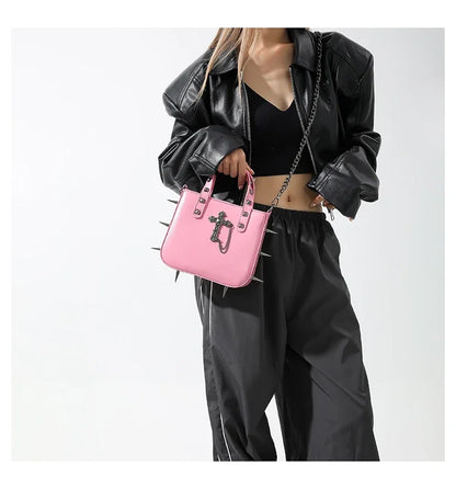 Gothic Alt Goth Cross Skull Spikes Chain Strap Crossbody Bag (available in 3 colors)