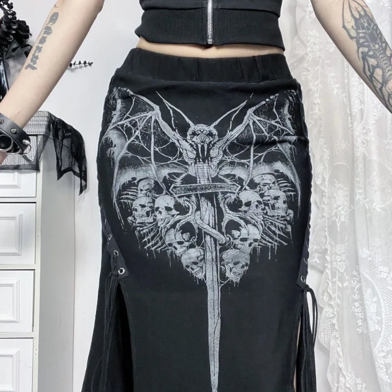 Alt Gothic Bat Skulls Print Lace Up Sides Long Skirt