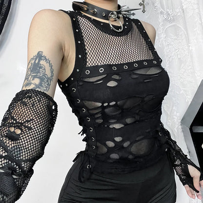 Gothic Y2K Distressed Fishnet Grommet Sleeveless Top