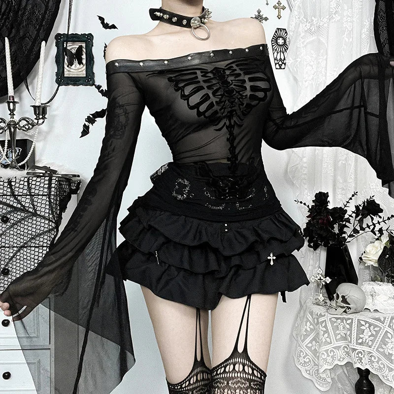 Gothic Alt Goth Off Shoulder Skeleton Print Flare Sleeve Top
