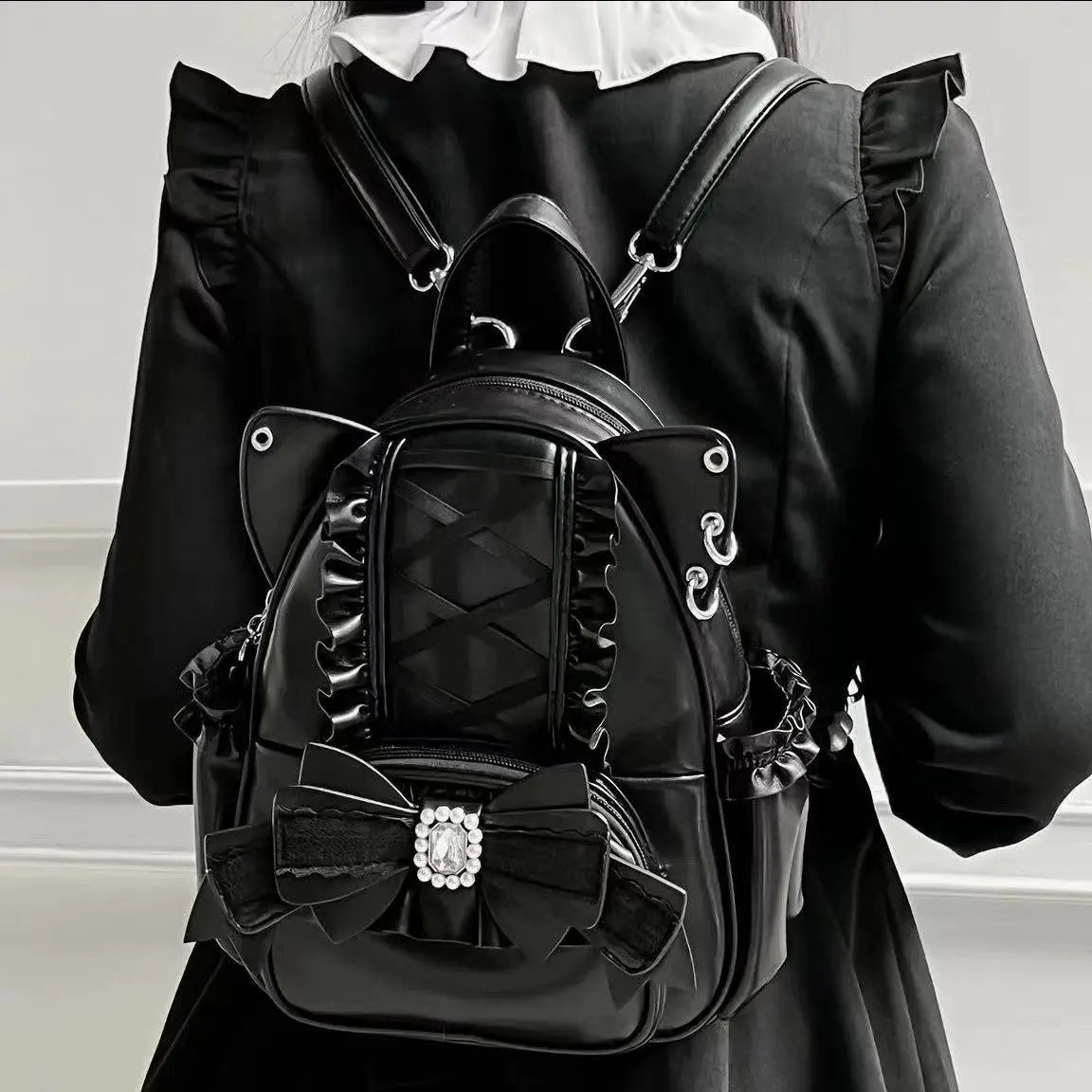 Gothic Y2K Harajuku Lolita Lace Bow Cat Ear PU Leather Backpack Bag (available in 3 colors)