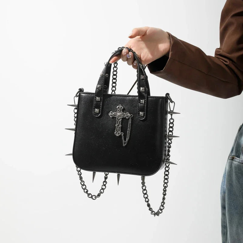 Gothic Alt Goth Cross Skull Spikes Chain Strap Crossbody Bag (available in 3 colors)