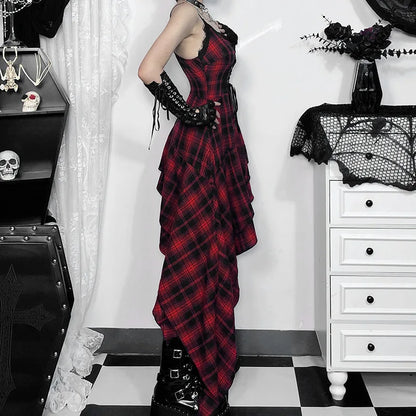 Gothic 90s Goth Red Plaid Lace Patchwork Irregular Hem Dress