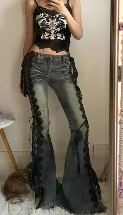 Gothic Y2K Alt Goth Eyelet Lace Up Bell Bottom Flare Jeans Pants