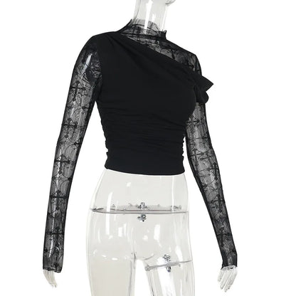 Gothic Alt Goth Y2K Cross Mesh Patchwork Shirt Top