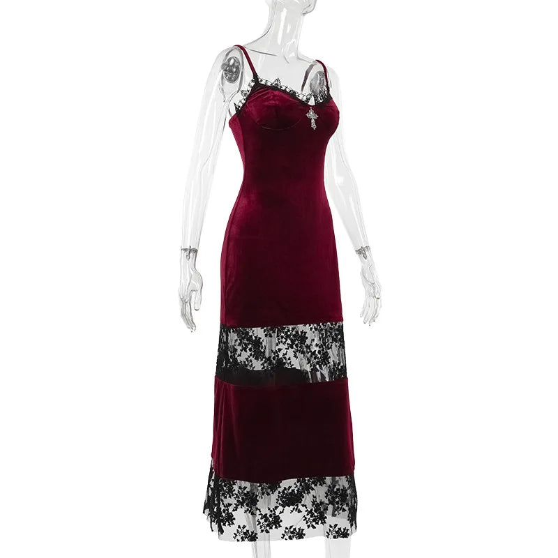 Gothic Red Burgundy Velvet Lace Spaghetti Strap Bodycon Alt Goth Long Dress