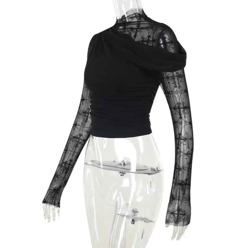 Gothic Alt Goth Y2K Cross Mesh Patchwork Shirt Top