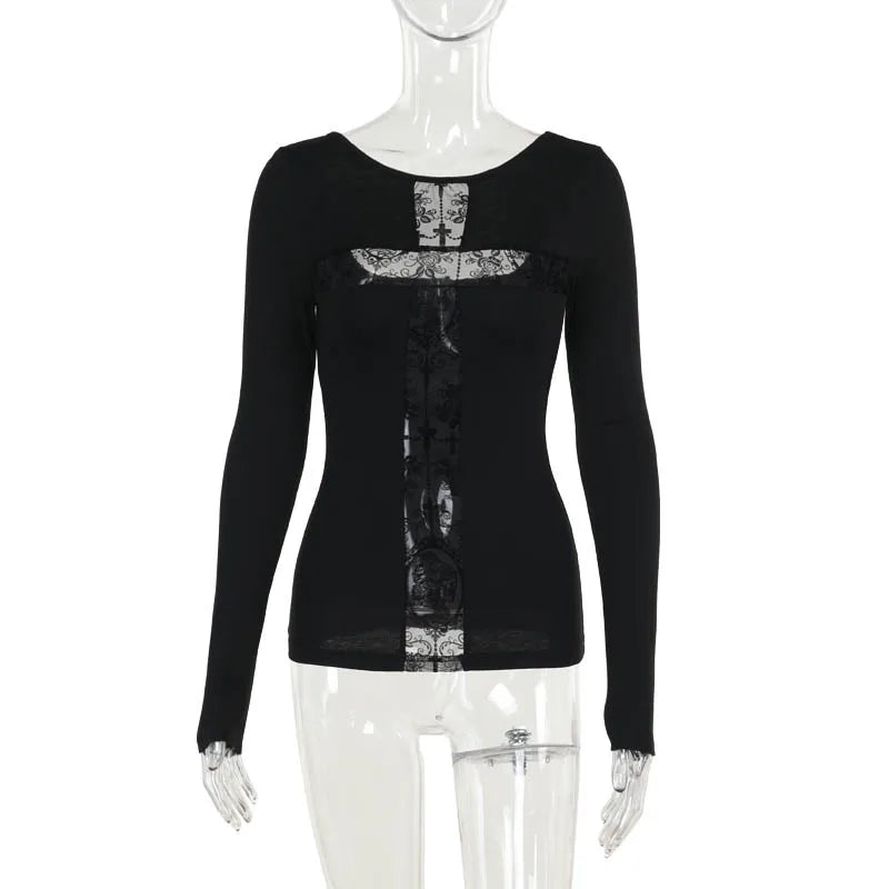 Gothic Alt Goth Cross Lace Patchwork Long Sleeve Top