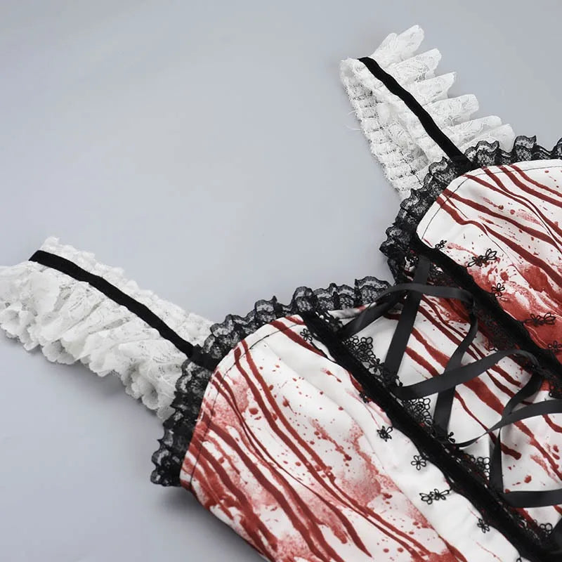 Gothic Alt Goth Halloween Blood Red Print Lace Patchwork Tank Top