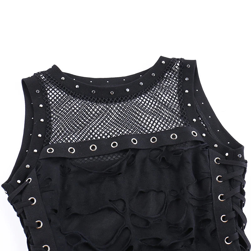 Gothic Y2K Distressed Fishnet Grommet Sleeveless Top