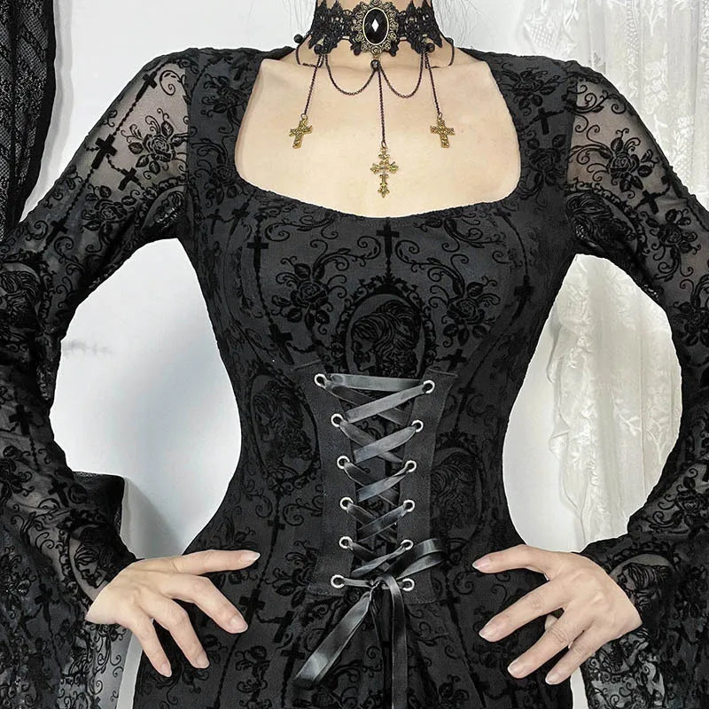 Gothic Romatic Goth Morticia Lace Up Corset Waist Sheer Flare Sleeves Dress