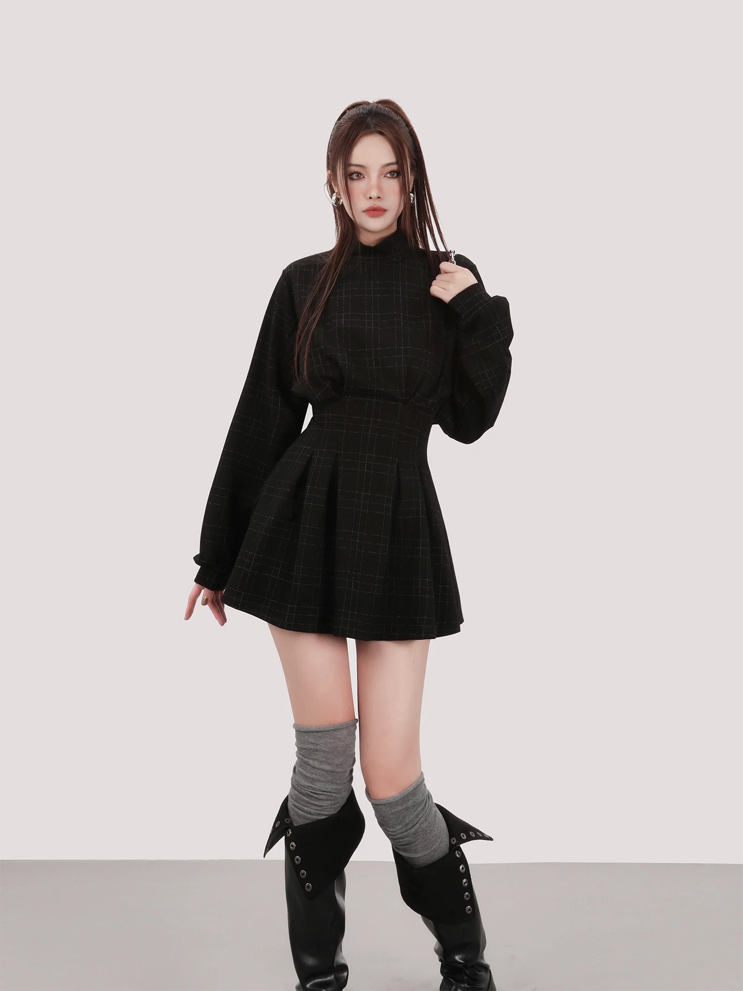 Alt Gothic Harajuku Plaid Lantern Sleeve Mini Dress