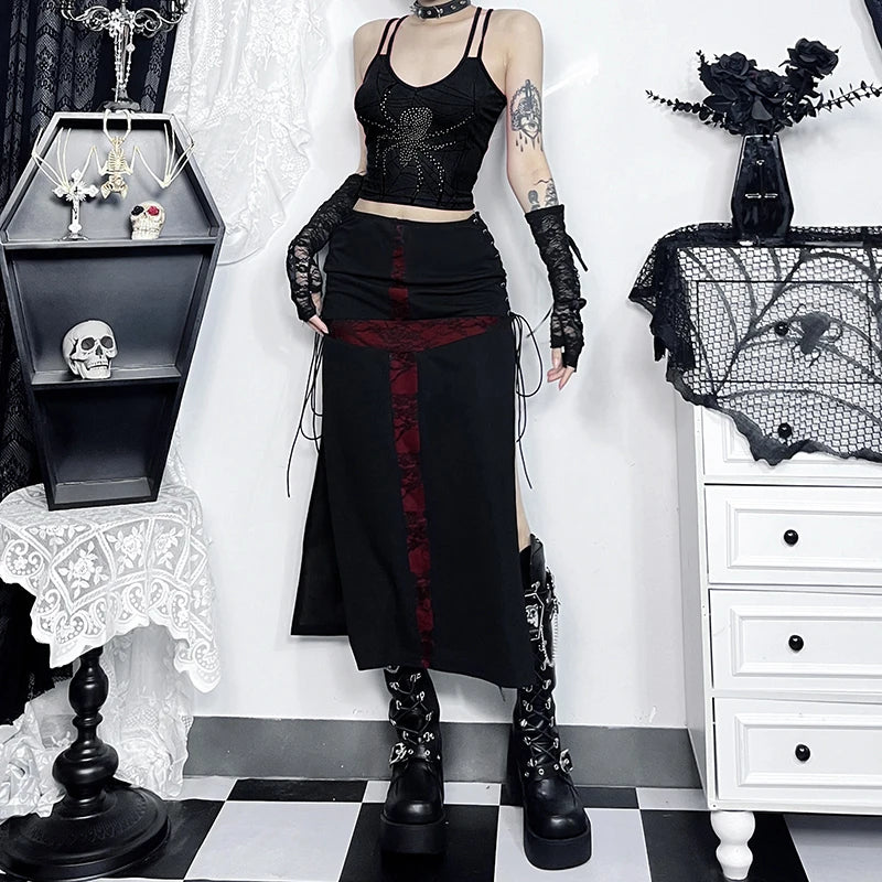 Gothic Y2K 90s Goth Cross Splicing High Slit Midi Skirt