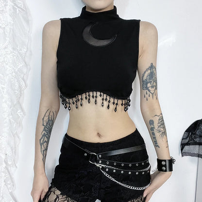 Gothic Fairycore Moon Beads Tassels Turtleneck Sleeveless Top