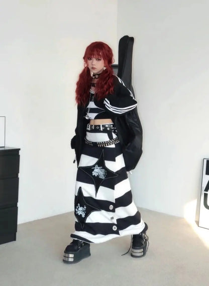 Alt Gothic Y2K Harajuku Black White Stripes Skull Patchwork Straight Tube Long Skirt