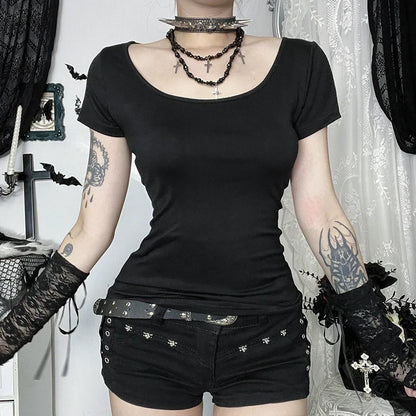 Gothic Alt Punk Goth Hollow Out Bone Chain Short Sleeve Top