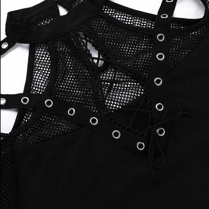 Gothic Fishnet Grommet Cut Out Short Sleeve Top