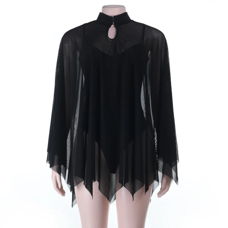 Gothic Alt Goth Black Spaghetti Strap Bodysuit Top + Sheer Cape Set