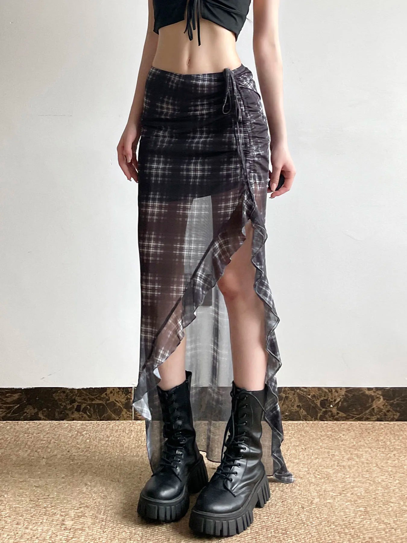 Alt Gothic Y2K Plaid Ruffles See Through Slit Skirt