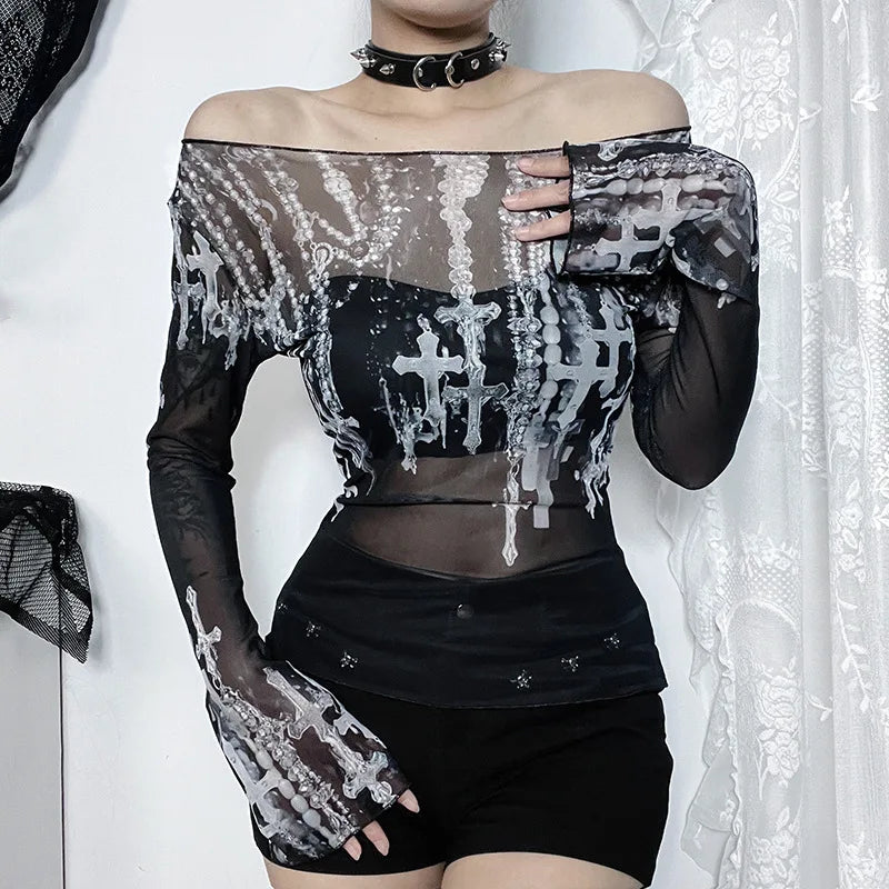 Gothic Cross Print Off Shoulder Mesh Long Sleeve Top