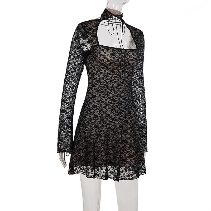 Gothic Alt Goth Square Collar Lace Mini Dress