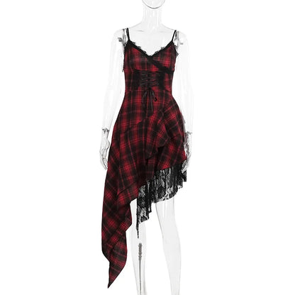 Gothic 90s Goth Red Plaid Lace Patchwork Irregular Hem Dress