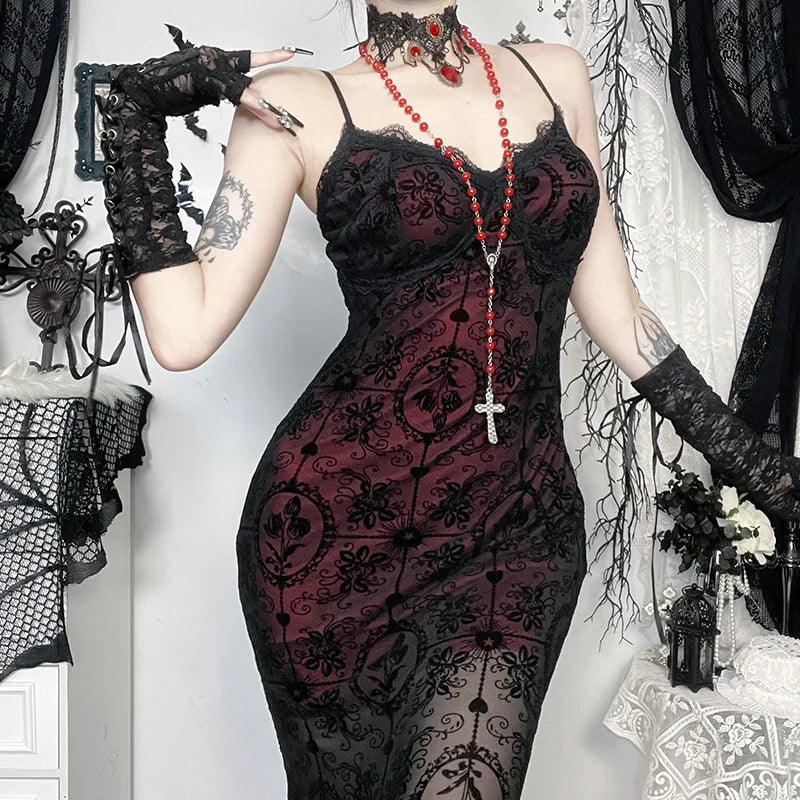 Gothic Alt Goth Dark Vintage Sheer Overlay Spaghetti Strap Dress