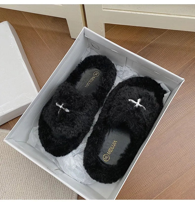 Y2K Cybergoth Faux Fur Slip On Furry Slides Slippers