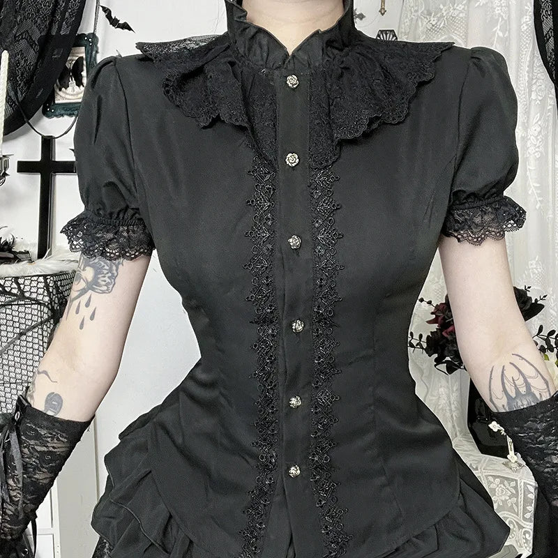 Gothic Victorian Romantic Ruffles Lace Patchwork Short Sleeve Blouse Top