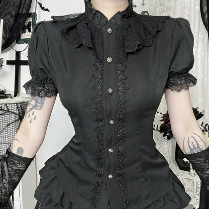 Gothic Victorian Romantic Ruffles Lace Patchwork Short Sleeve Blouse Top